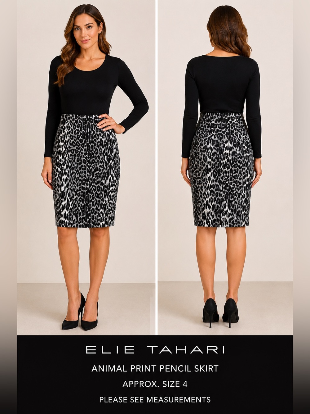 Elie Tahari Animal Print Pencil Skirt Gray Black White Lined Approx Size 4